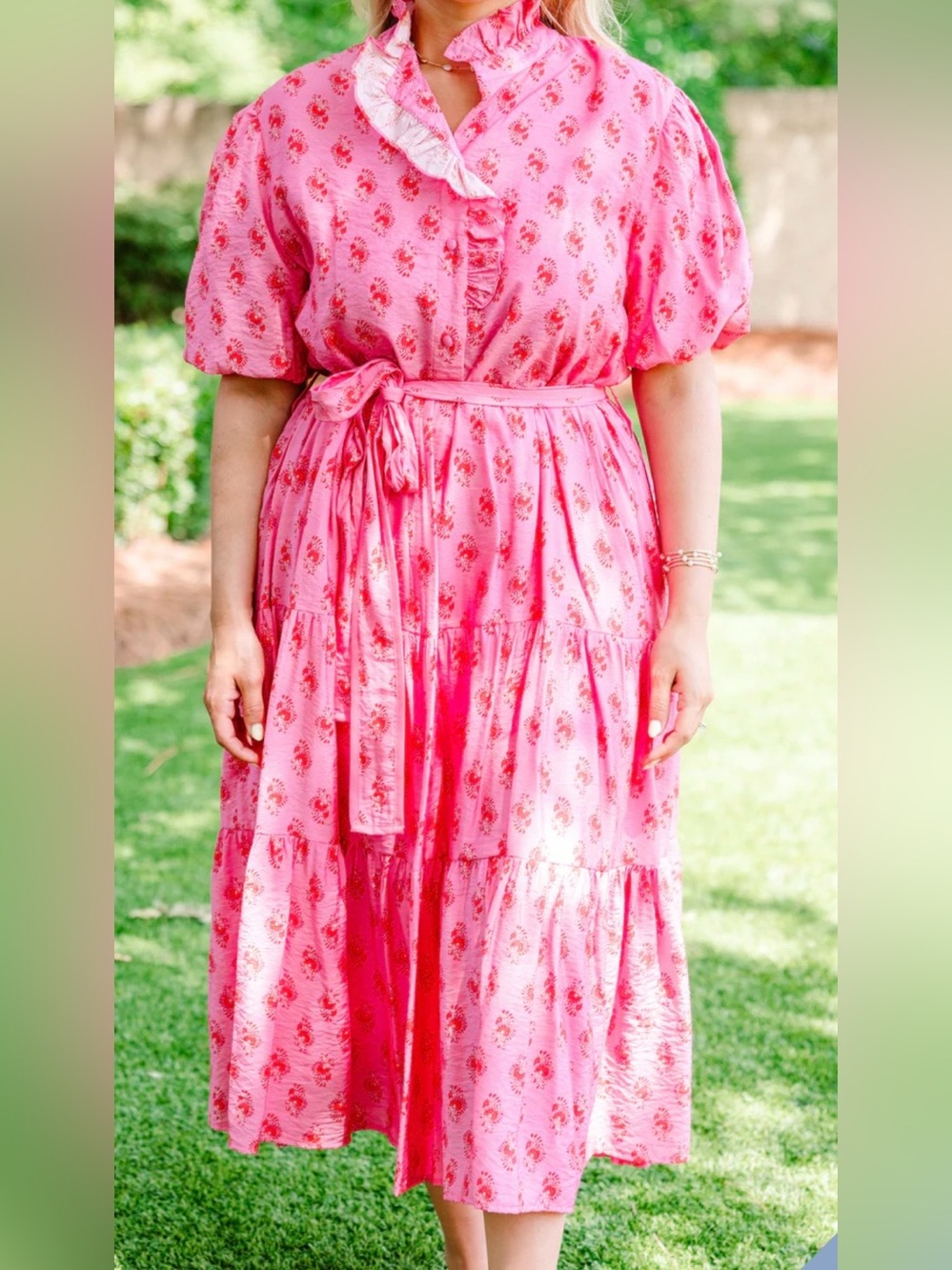 ChicSoul Pink Floral Puff Sleeve Tiered Midi Dress 3X Belted Cotton